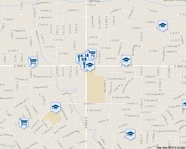 map of restaurants, bars, coffee shops, grocery stores, and more near 3965 South 2300 East in Holladay