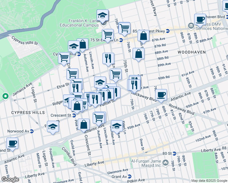map of restaurants, bars, coffee shops, grocery stores, and more near 203 Grant Avenue in Brooklyn