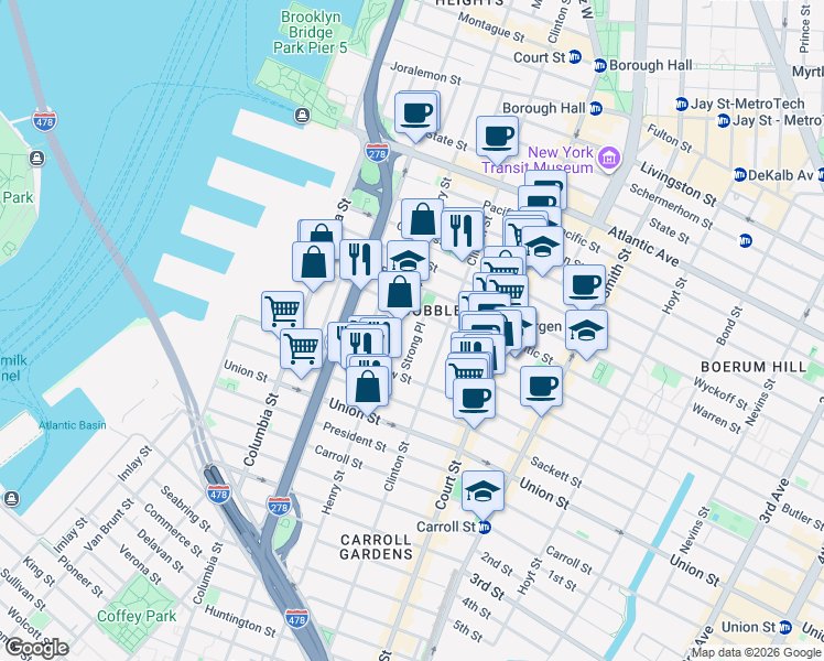 map of restaurants, bars, coffee shops, grocery stores, and more near 20 Strong Place in Brooklyn