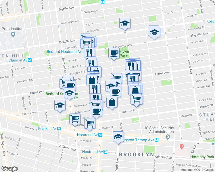 map of restaurants, bars, coffee shops, grocery stores, and more near 253 Monroe Street in Brooklyn
