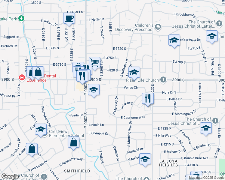 map of restaurants, bars, coffee shops, grocery stores, and more near 2454 Lexington Circle in Salt Lake City