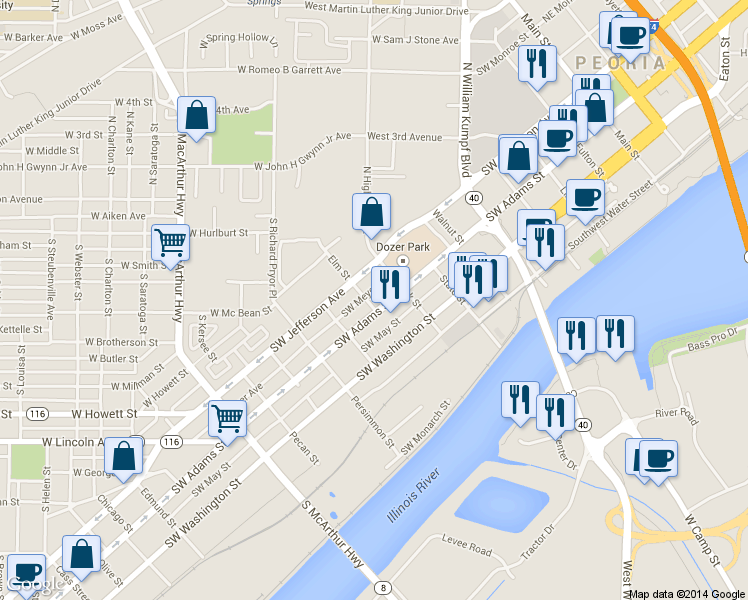 map of restaurants, bars, coffee shops, grocery stores, and more near 831 Southwest Adams Street in Peoria