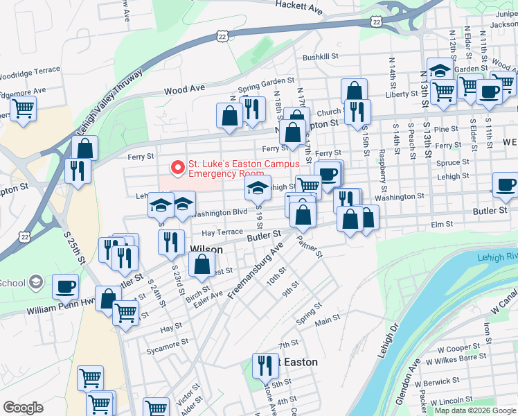 map of restaurants, bars, coffee shops, grocery stores, and more near 1901 Washington Boulevard in Easton
