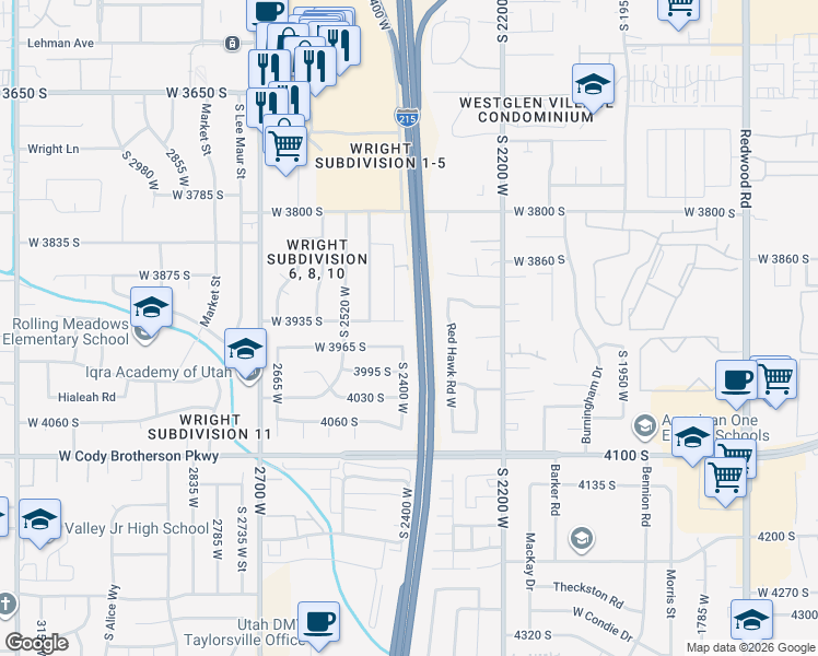 map of restaurants, bars, coffee shops, grocery stores, and more near 2397 West Marvs Cove in West Valley City