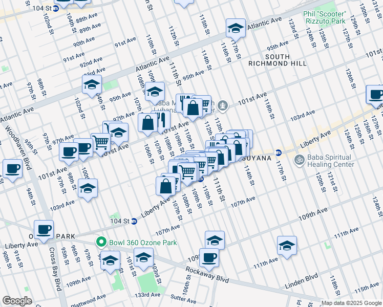 map of restaurants, bars, coffee shops, grocery stores, and more near 109-15 103rd Avenue in Queens