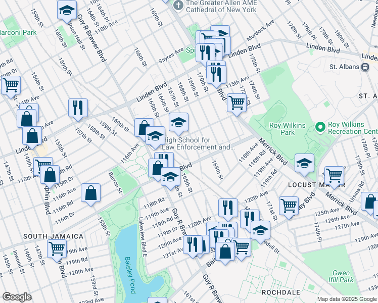 map of restaurants, bars, coffee shops, grocery stores, and more near 116-31 166th Street in Queens