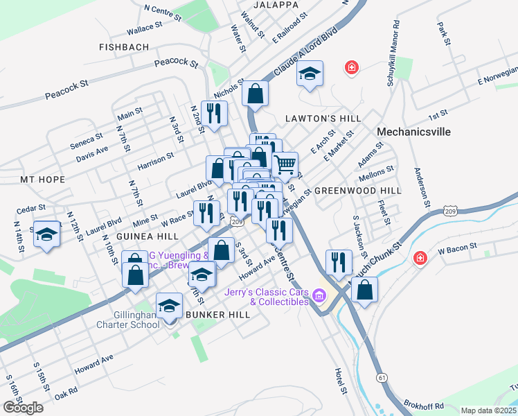 map of restaurants, bars, coffee shops, grocery stores, and more near 100 North Centre Street in Pottsville