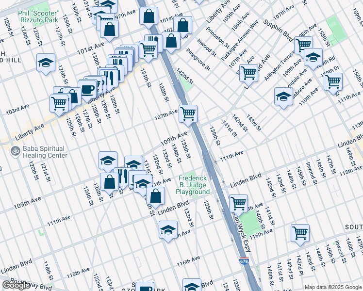 map of restaurants, bars, coffee shops, grocery stores, and more near 109-22 135th Street in Queens
