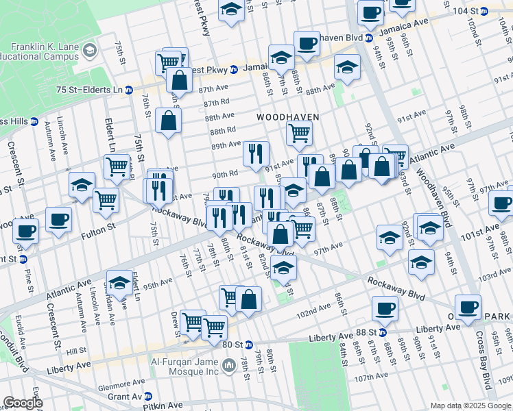 map of restaurants, bars, coffee shops, grocery stores, and more near 91-33 82nd Street in Queens