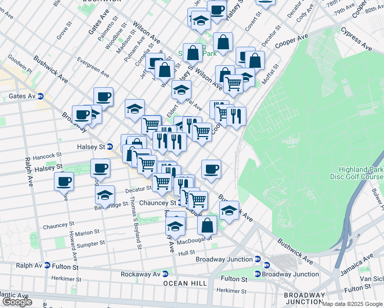 map of restaurants, bars, coffee shops, grocery stores, and more near 83 Cooper Street in Brooklyn