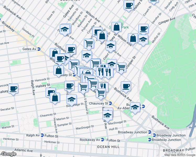 map of restaurants, bars, coffee shops, grocery stores, and more near 48 Covert Street in Brooklyn