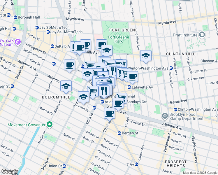 map of restaurants, bars, coffee shops, grocery stores, and more near 121 Saint Felix Street in Brooklyn