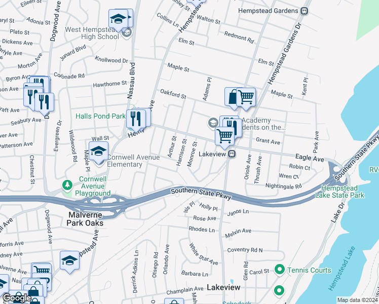 map of restaurants, bars, coffee shops, grocery stores, and more near 836 Monroe Street in West Hempstead