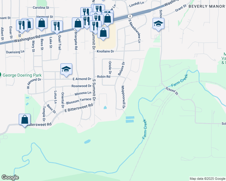 map of restaurants, bars, coffee shops, grocery stores, and more near 704 Belaire Drive in Washington