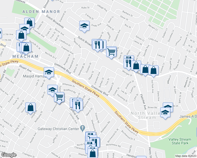 map of restaurants, bars, coffee shops, grocery stores, and more near 27 Caroline Avenue in Elmont