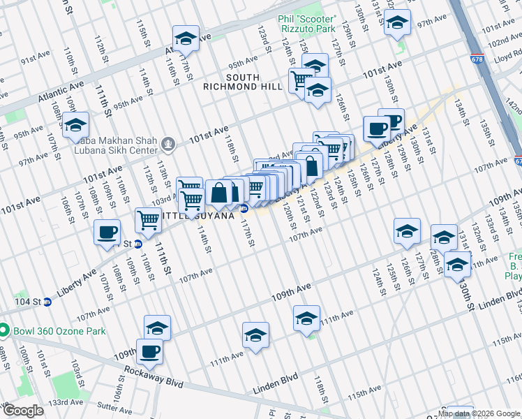map of restaurants, bars, coffee shops, grocery stores, and more near 10413 Lefferts Boulevard in Queens