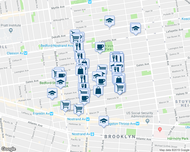 map of restaurants, bars, coffee shops, grocery stores, and more near 257 Monroe Street in Brooklyn