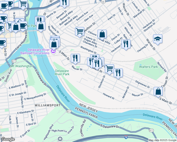 map of restaurants, bars, coffee shops, grocery stores, and more near 25 River Street in Phillipsburg