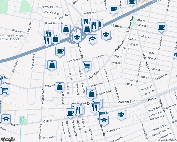map of restaurants, bars, coffee shops, grocery stores, and more near 400 Colombo Avenue in Copiague