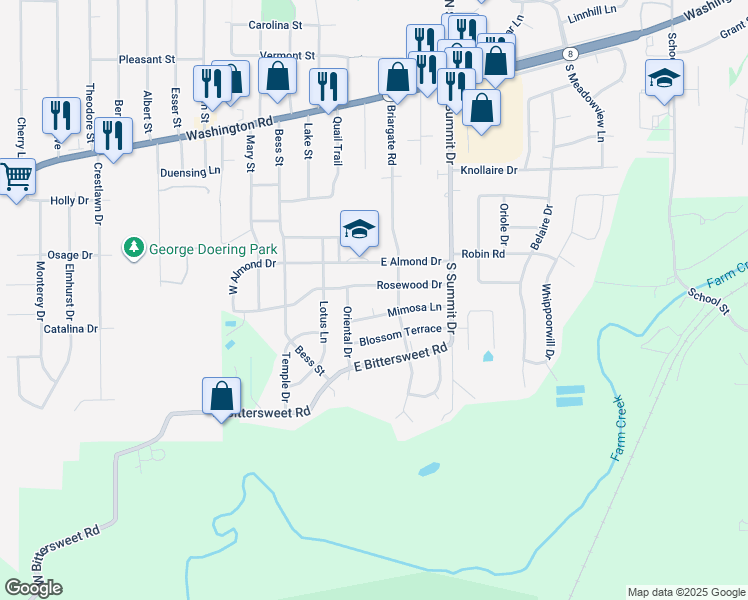map of restaurants, bars, coffee shops, grocery stores, and more near 106 Pearl Cir in Washington