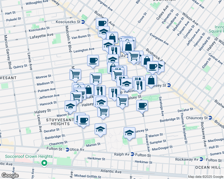 map of restaurants, bars, coffee shops, grocery stores, and more near 820 Jefferson Avenue in Brooklyn