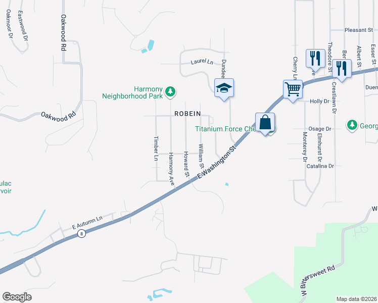map of restaurants, bars, coffee shops, grocery stores, and more near 200 Howard Street in East Peoria