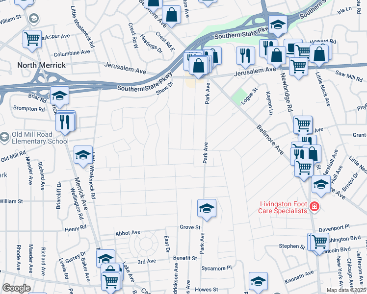 map of restaurants, bars, coffee shops, grocery stores, and more near 2195 Redmond Road in Merrick