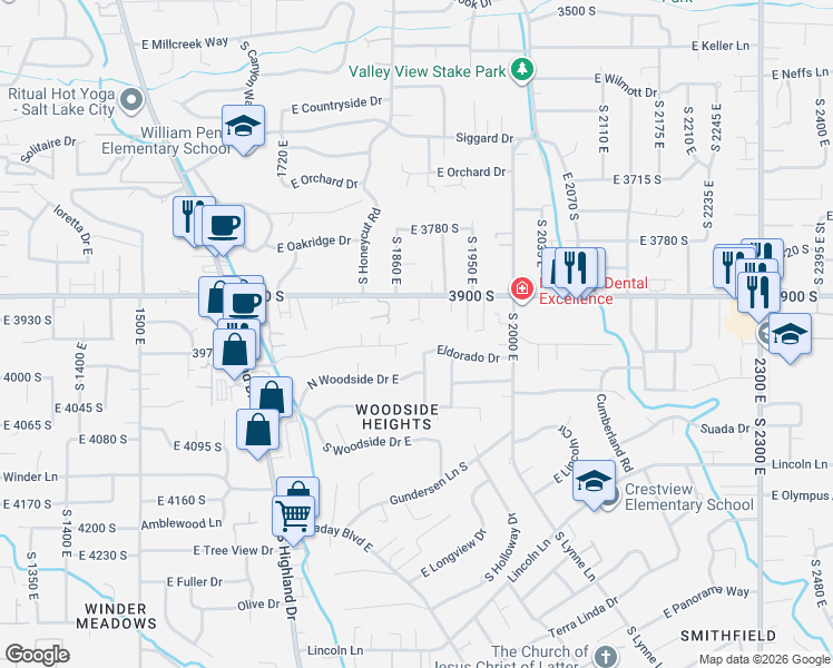 map of restaurants, bars, coffee shops, grocery stores, and more near 1877 East 3990 South in Holladay