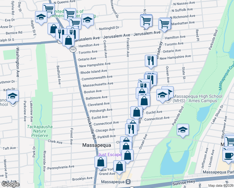 map of restaurants, bars, coffee shops, grocery stores, and more near 115 Baltimore Avenue in Massapequa