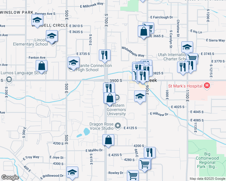 map of restaurants, bars, coffee shops, grocery stores, and more near 3949 South 700 East in Murray
