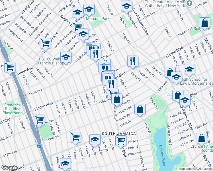 map of restaurants, bars, coffee shops, grocery stores, and more near 114-10 Sutphin Boulevard in Queens