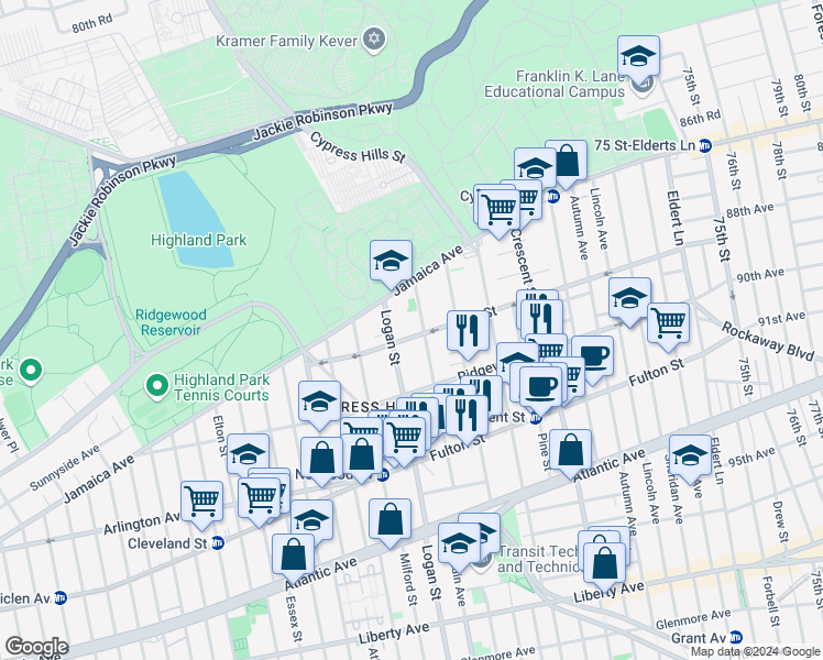 map of restaurants, bars, coffee shops, grocery stores, and more near 151 Etna Street in Brooklyn
