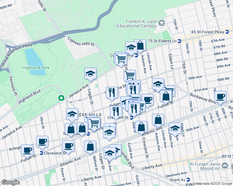 map of restaurants, bars, coffee shops, grocery stores, and more near 106 Euclid Avenue in Brooklyn