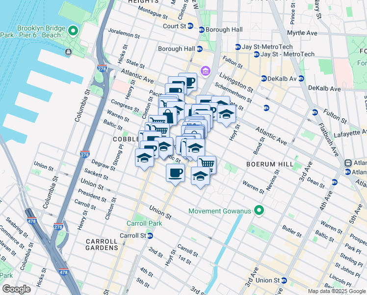 map of restaurants, bars, coffee shops, grocery stores, and more near 297 Warren Street in Brooklyn