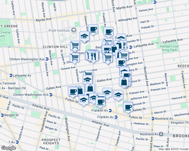 map of restaurants, bars, coffee shops, grocery stores, and more near Quincy Street in Brooklyn