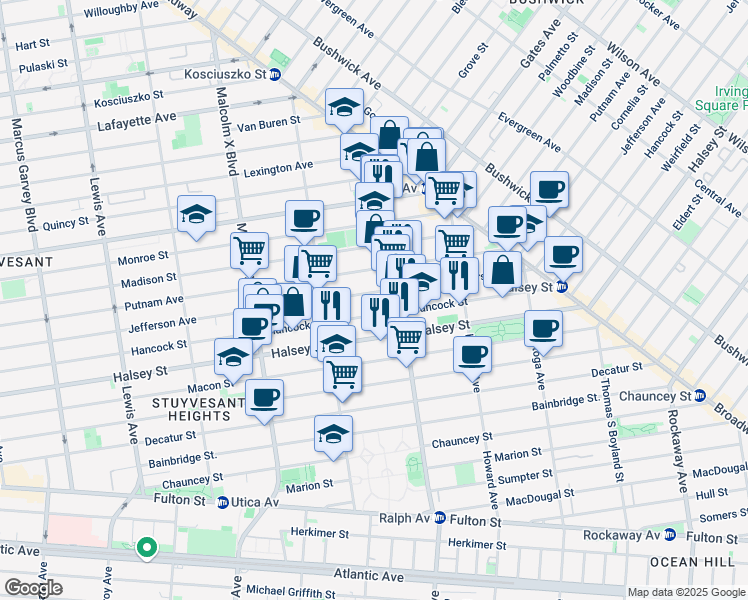 map of restaurants, bars, coffee shops, grocery stores, and more near 822 Jefferson Avenue in Brooklyn