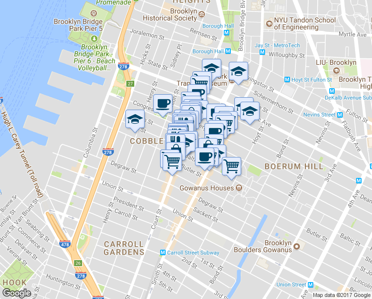 map of restaurants, bars, coffee shops, grocery stores, and more near 233 Court Street in Brooklyn
