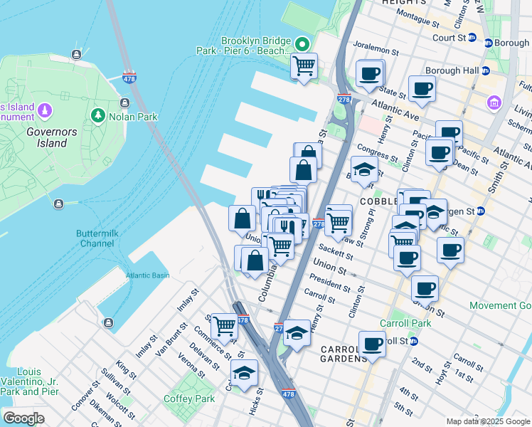 map of restaurants, bars, coffee shops, grocery stores, and more near 76 Degraw Street in Brooklyn