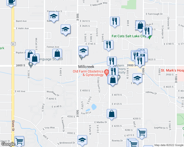 map of restaurants, bars, coffee shops, grocery stores, and more near 3971 South 565 East in Murray