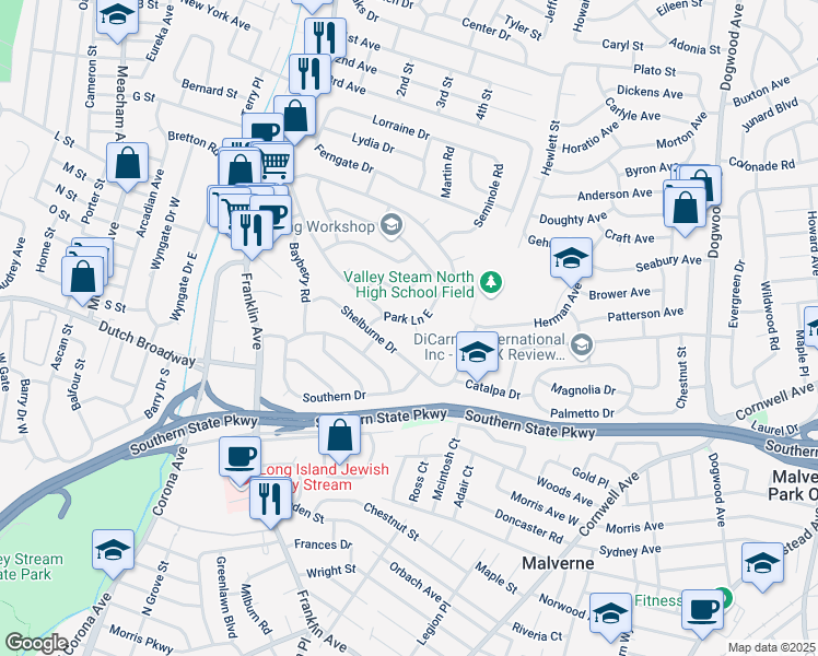 map of restaurants, bars, coffee shops, grocery stores, and more near 1043 Oak Court in Franklin Square