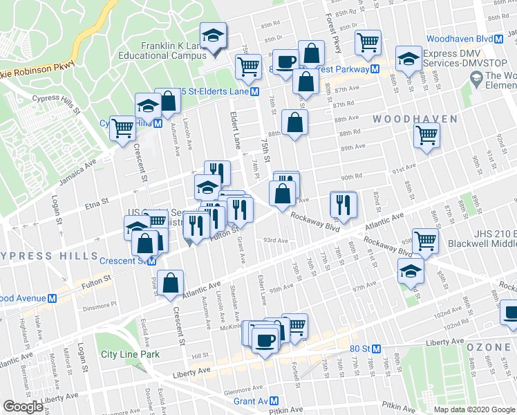 map of restaurants, bars, coffee shops, grocery stores, and more near 74-12 Rockaway Boulevard in Queens