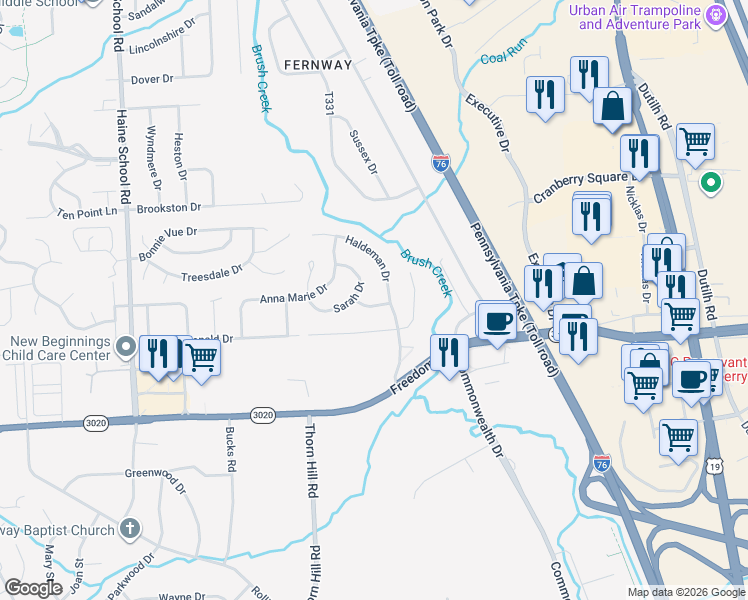 map of restaurants, bars, coffee shops, grocery stores, and more near 402 Pebble Creek Drive in Cranberry Township