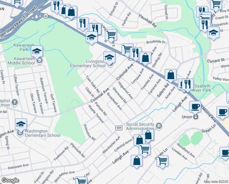 map of restaurants, bars, coffee shops, grocery stores, and more near 400 Sherwood Road in Union