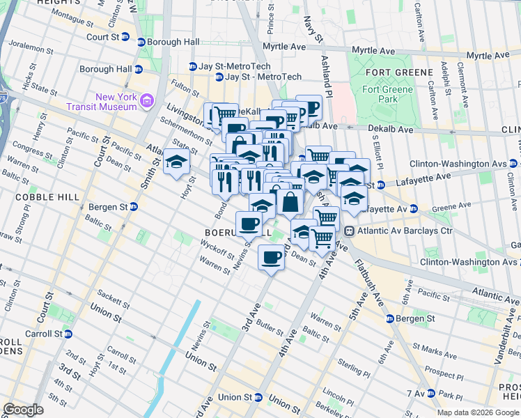 map of restaurants, bars, coffee shops, grocery stores, and more near 460-470 Atlantic Avenue in Brooklyn