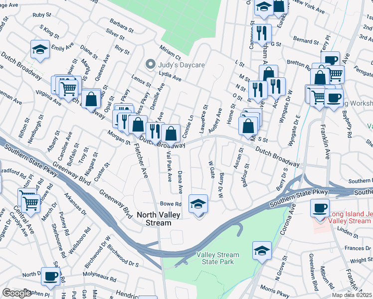 map of restaurants, bars, coffee shops, grocery stores, and more near 1108 Willow Lane in North Valley Stream