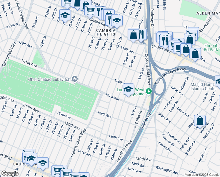 map of restaurants, bars, coffee shops, grocery stores, and more near 120-35 232nd Street in Queens