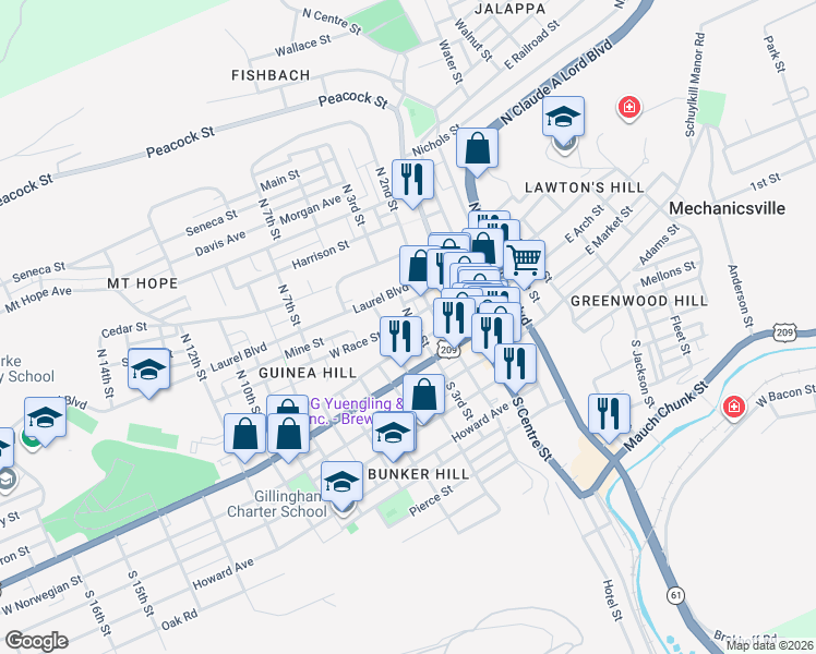 map of restaurants, bars, coffee shops, grocery stores, and more near 305 West Race Street in Pottsville