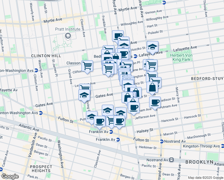 map of restaurants, bars, coffee shops, grocery stores, and more near 385 Franklin Avenue in Brooklyn