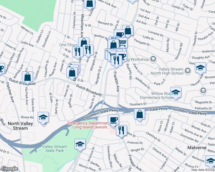 map of restaurants, bars, coffee shops, grocery stores, and more near 831 North Corona Avenue in Valley Stream