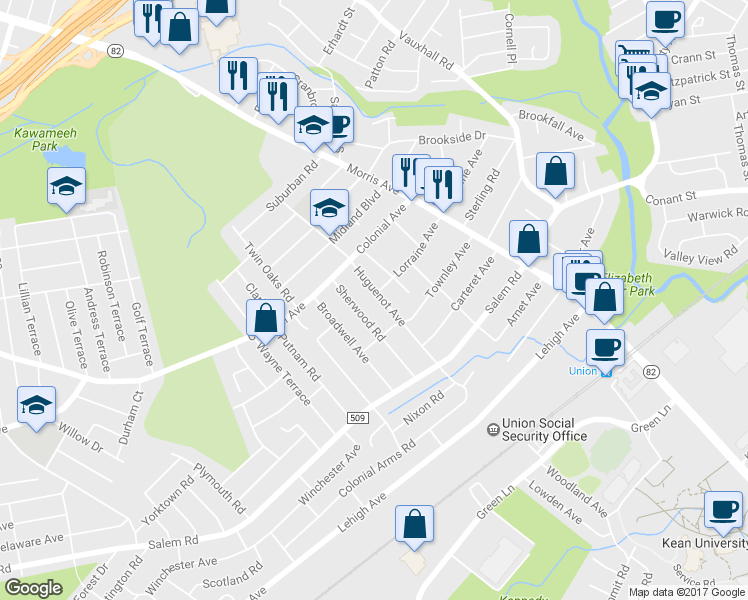 map of restaurants, bars, coffee shops, grocery stores, and more near 384 Huguenot Avenue in Union